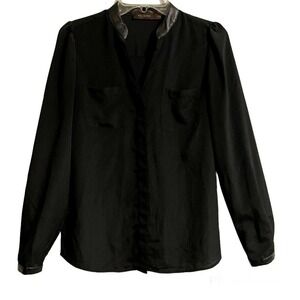 The Limited Small Faux Leather Trim Blouse Black Pockets Long Sleeve Cla…